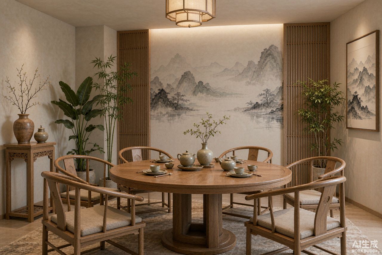 新中式风格餐厅装修效果示意图（AI渲染）